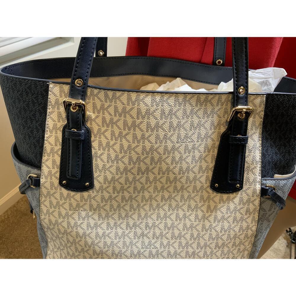 Michael Kors Blue Leather Logo Print Tote Handbag Dual Handles Sz 11x11 Luxe Bag - Picture 3 of 14
